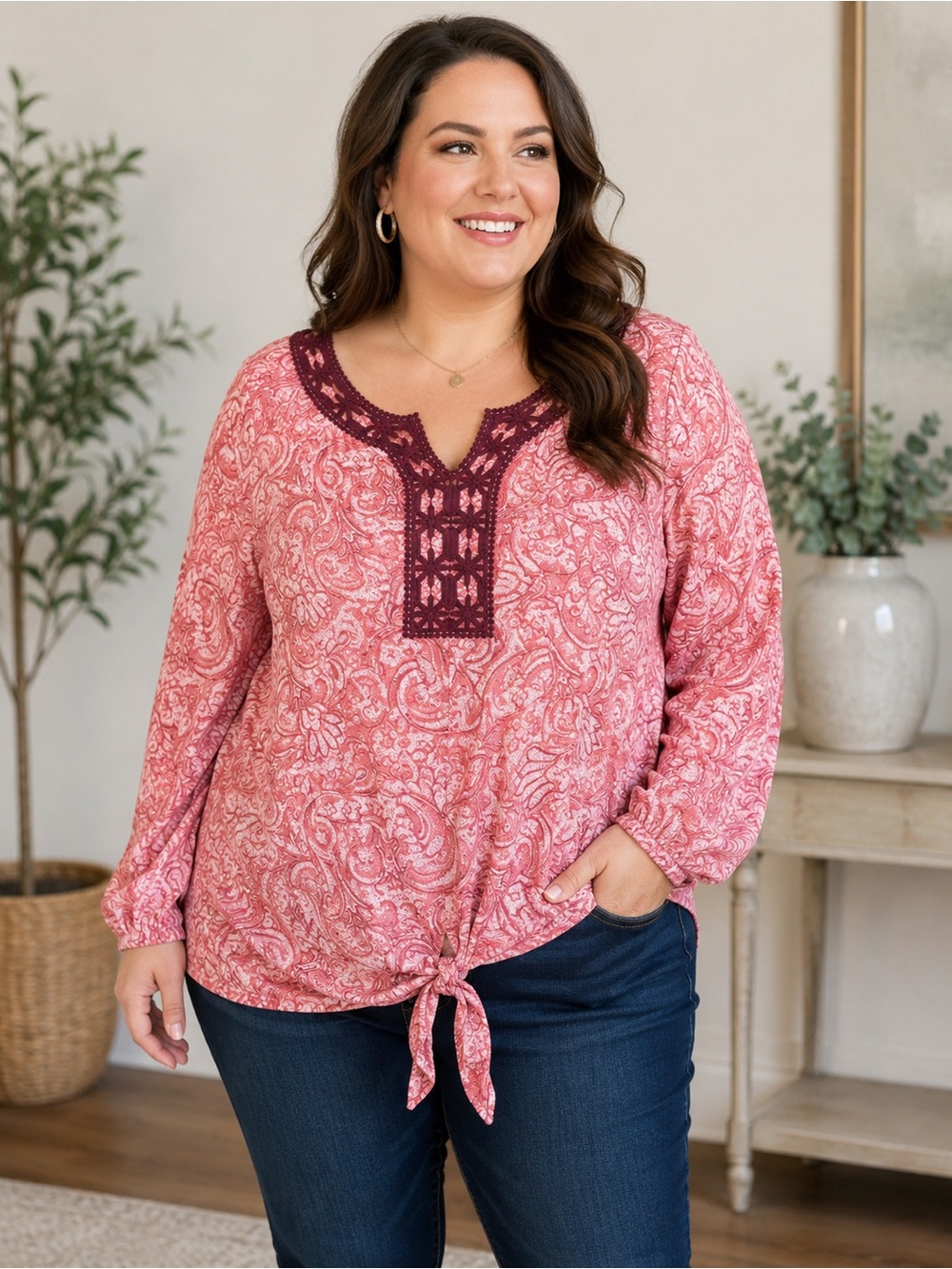 Pink Paisley Tie-Hem Top with Burgundy Trim